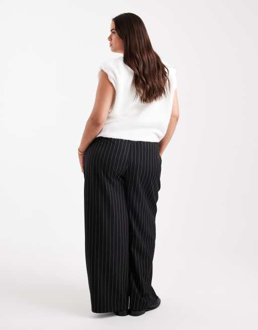 ASOS DESIGN Curve tailored relaxed straight leg pants in black pinstripe, 3 of 5