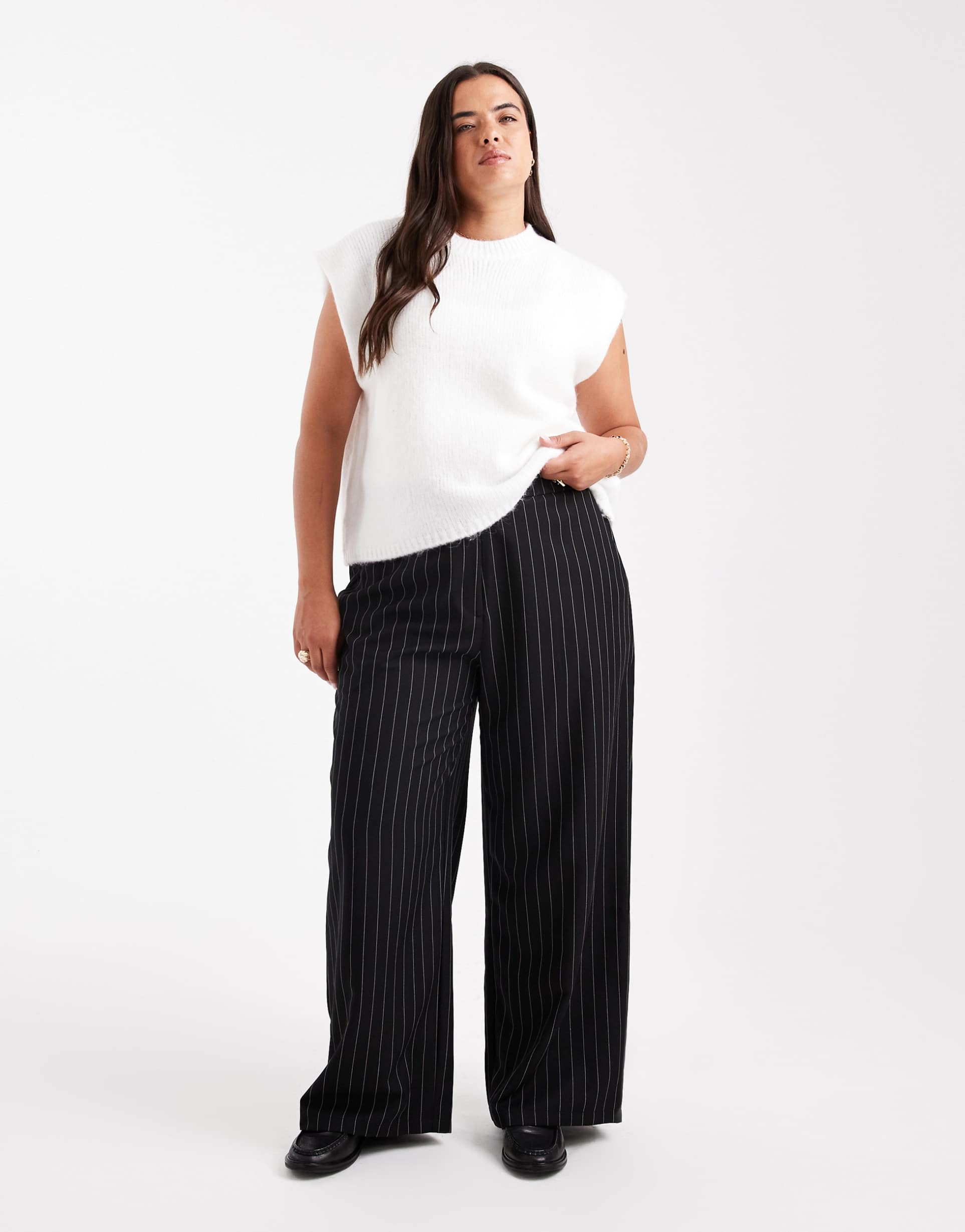 asos design curve tailored relaxed straight leg pants in black pinstripes