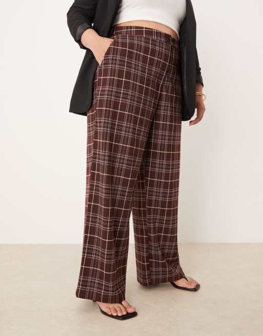 ASOS DESIGN Curve tailored relaxed straight leg pants in burgundy check, 2 of 5