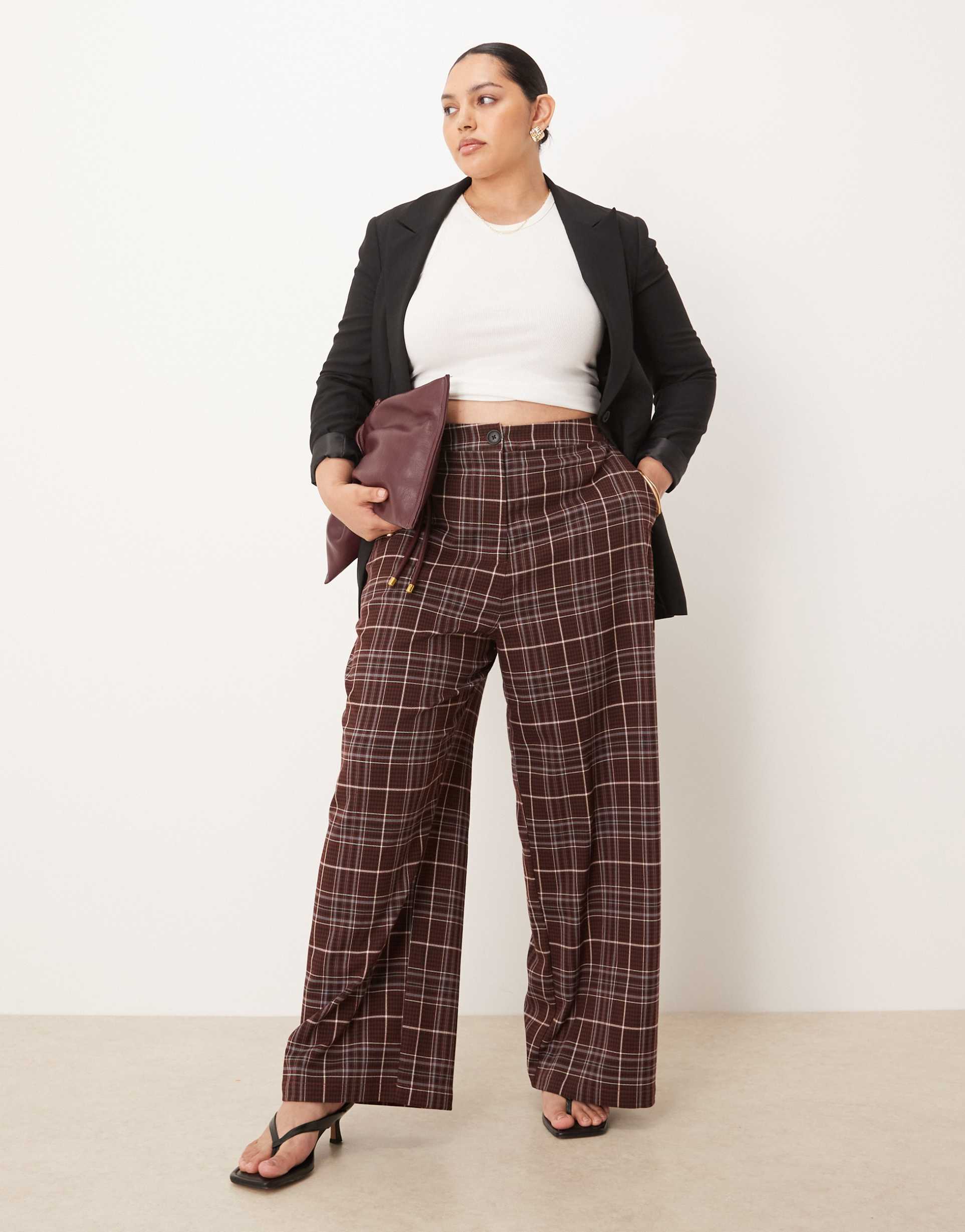 asos design curve tailored relaxed straight leg pants in burgundy plaid