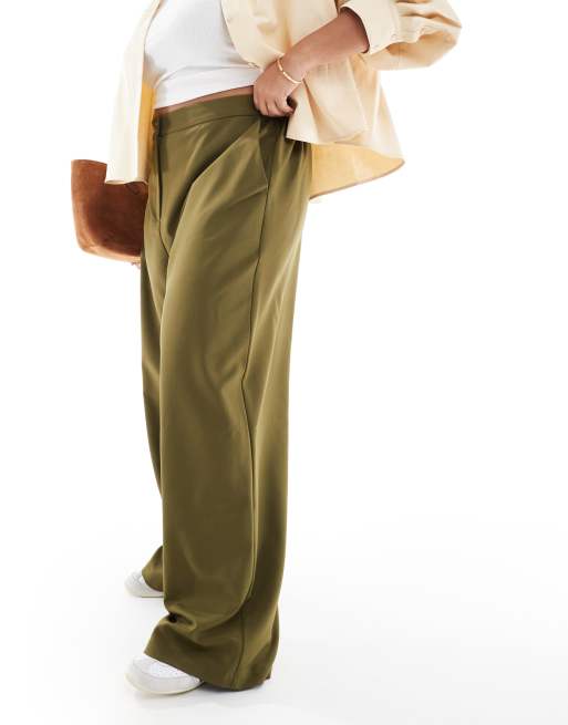 ASOS DESIGN Curve tailored relaxed straight leg pants in khaki green, 2 of 5