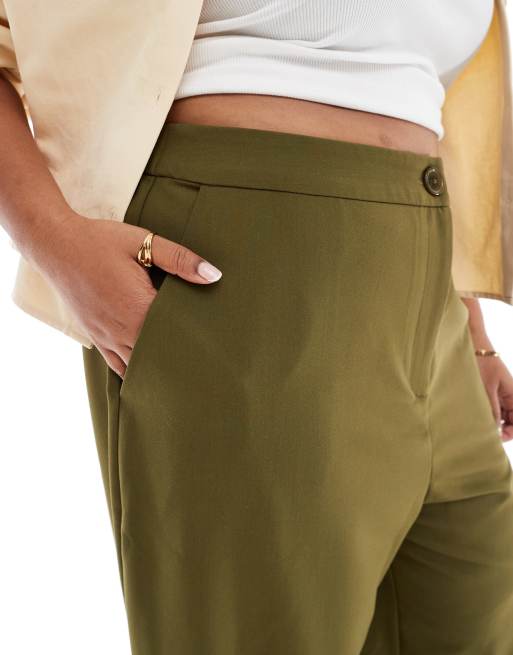 ASOS DESIGN Curve tailored relaxed straight leg pants in khaki green, 3 of 5