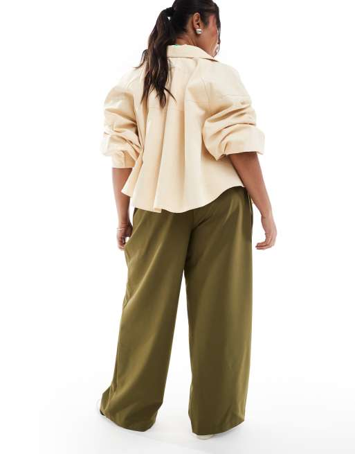 ASOS DESIGN Curve tailored relaxed straight leg pants in khaki green, 4 of 5