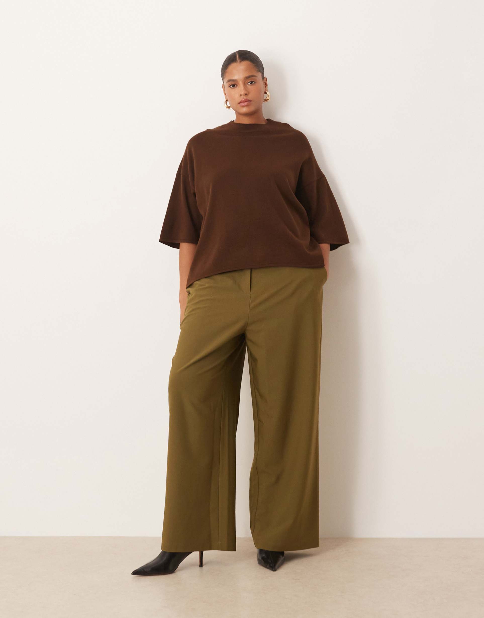 asos design curve tailored relaxed straight leg pants in khaki green