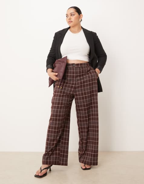 ASOS DESIGN Curve tailored relaxed straight leg trousers in burgundy check - view 1