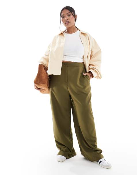 ASOS DESIGN Curve tailored relaxed straight leg trousers in khaki