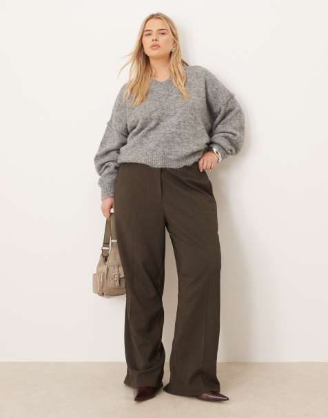 ASOS DESIGN Curve tailored relaxed trousers with faux leather trim in brown herringbone - view 1