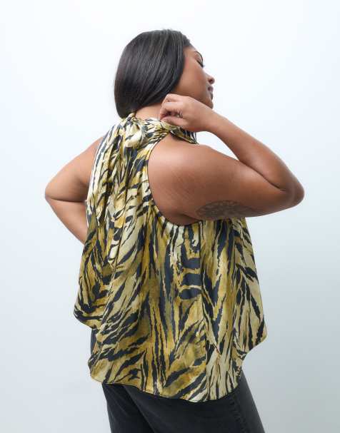 ASOS DESIGN Curve Tailored  satin open back  halter top in tiger print - view 1