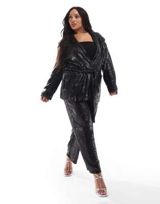 ASOS Curve ASOS DESIGN Curve tailored sequin ankle grazer trousers in black