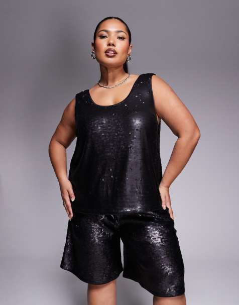 ASOS DESIGN Curve tailored sequin sleeveless top in black - part of a set - view 1