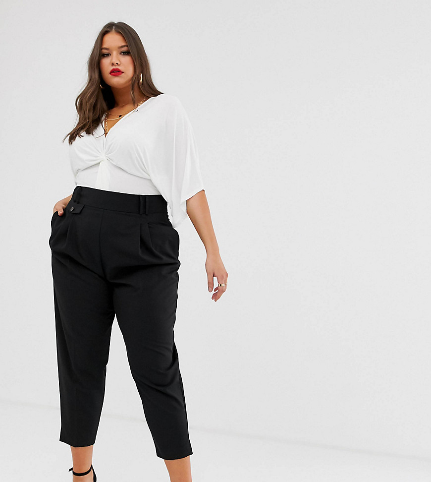 Plus-size trousers by ASOS DESIGN For when you mean business High rise Functional pockets Cropped length Regular, tapered fit A standard cut around the thigh with a slim shape through the leg