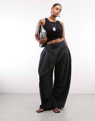 Asos Design Curve Tailored Snatch Waist Wide Leg Pants In Black