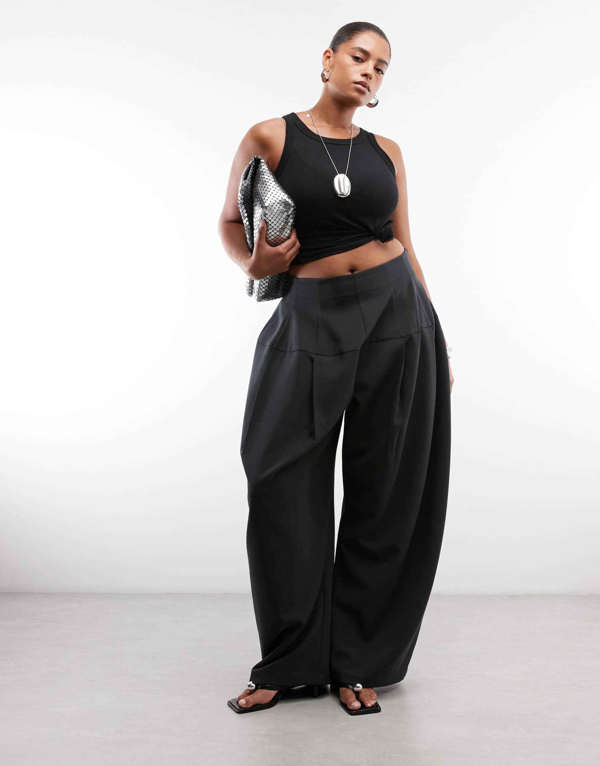 asos design curve tailored snatch waist wide leg pants in black