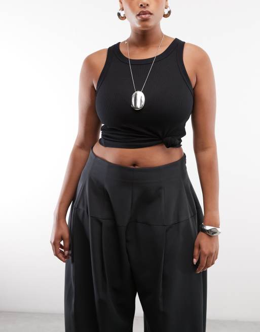 ASOS DESIGN Curve Tailored snatch waist wide leg pants in black, 3 of 5