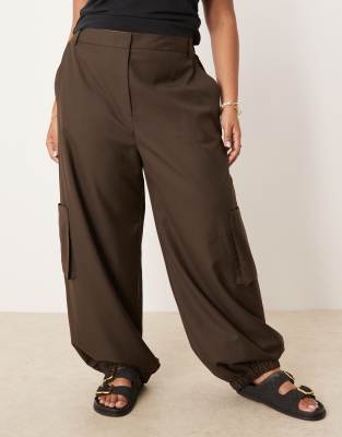 Asos Design Curve Tailored Straight Leg Pants With Cuff And Utility Pocket Detail In Brown