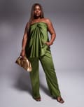 [ASOS DESIGN] ASOS DESIGN Curve tailored straight leg satin pants in khaki (Part of a set)-Brown 24 Khaki