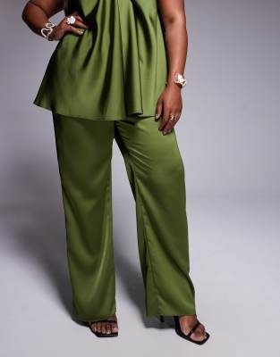 Asos Design Curve Tailored Straight Leg Satin Pants In Green