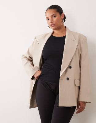 Asos Design Curve Tailored Strong Shoulder Double Breasted Blazer In Neutral