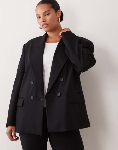 ASOS DESIGN Curve tailored strong shoulders double breasted blazer in black - view 1