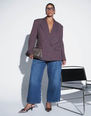 Asos Design Curve Tailored Strong Shoulders Double Breasted Blazer In Brown
