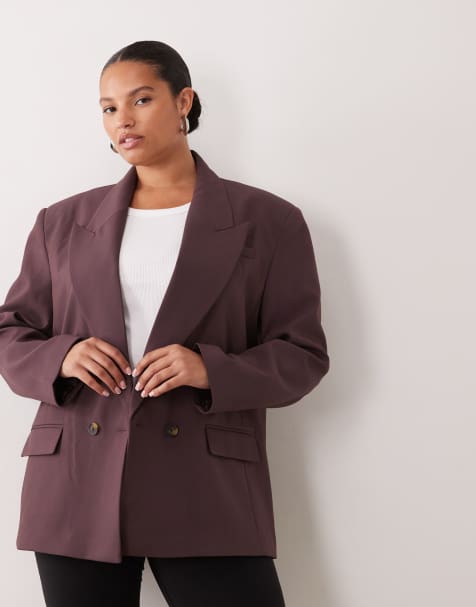 ASOS DESIGN Curve tailored strong shoulders double breasted blazer in brown - view 1
