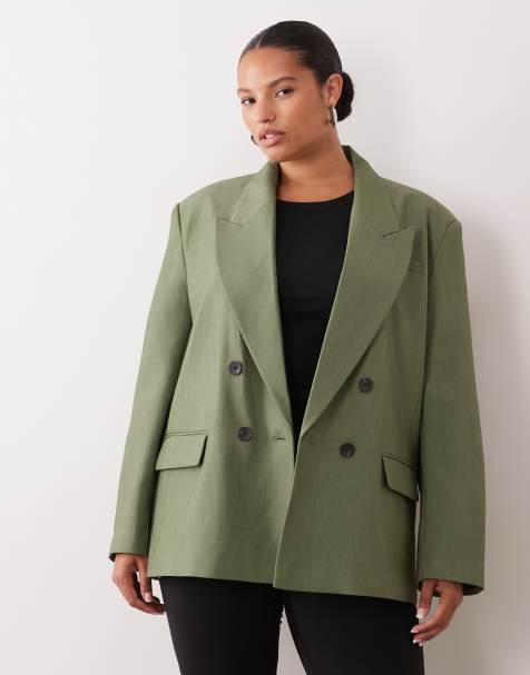 ASOS DESIGN Curve tailored strong shoulders double breasted blazer in khaki green - view 1