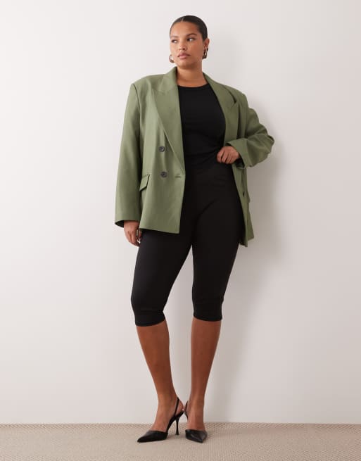 ASOS DESIGN Curve tailored strong shoulders double breasted blazer in khaki green, 2 of 4