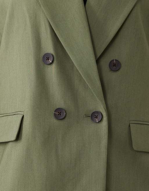 ASOS DESIGN Curve tailored strong shoulders double breasted blazer in khaki green, 3 of 4