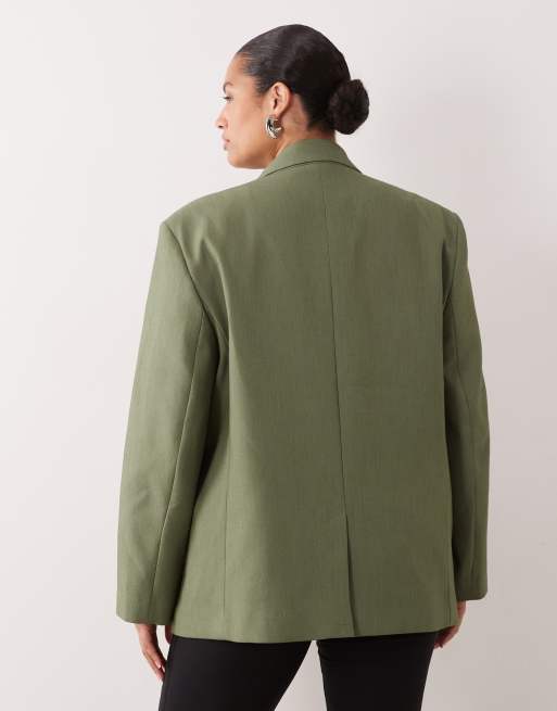 ASOS DESIGN Curve tailored strong shoulders double breasted blazer in khaki green, 4 of 4