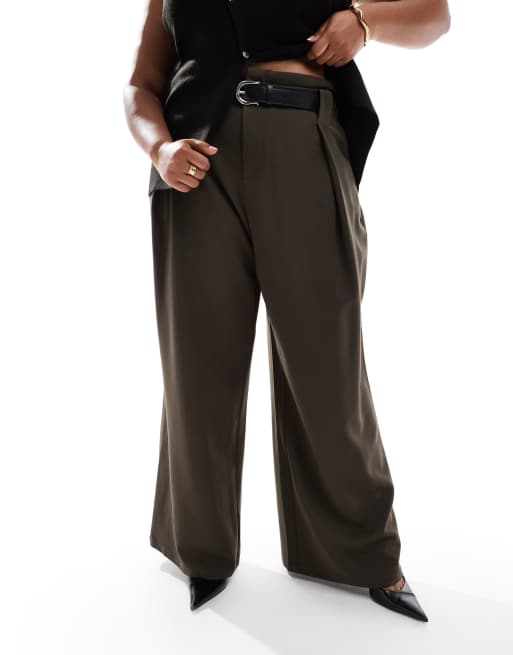 ASOS DESIGN Curve tailored super wide leg belted trousers in olive , 2 of 5