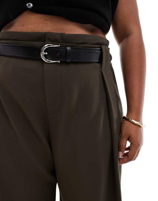 ASOS DESIGN Curve tailored super wide leg belted trousers in olive , 4 of 5