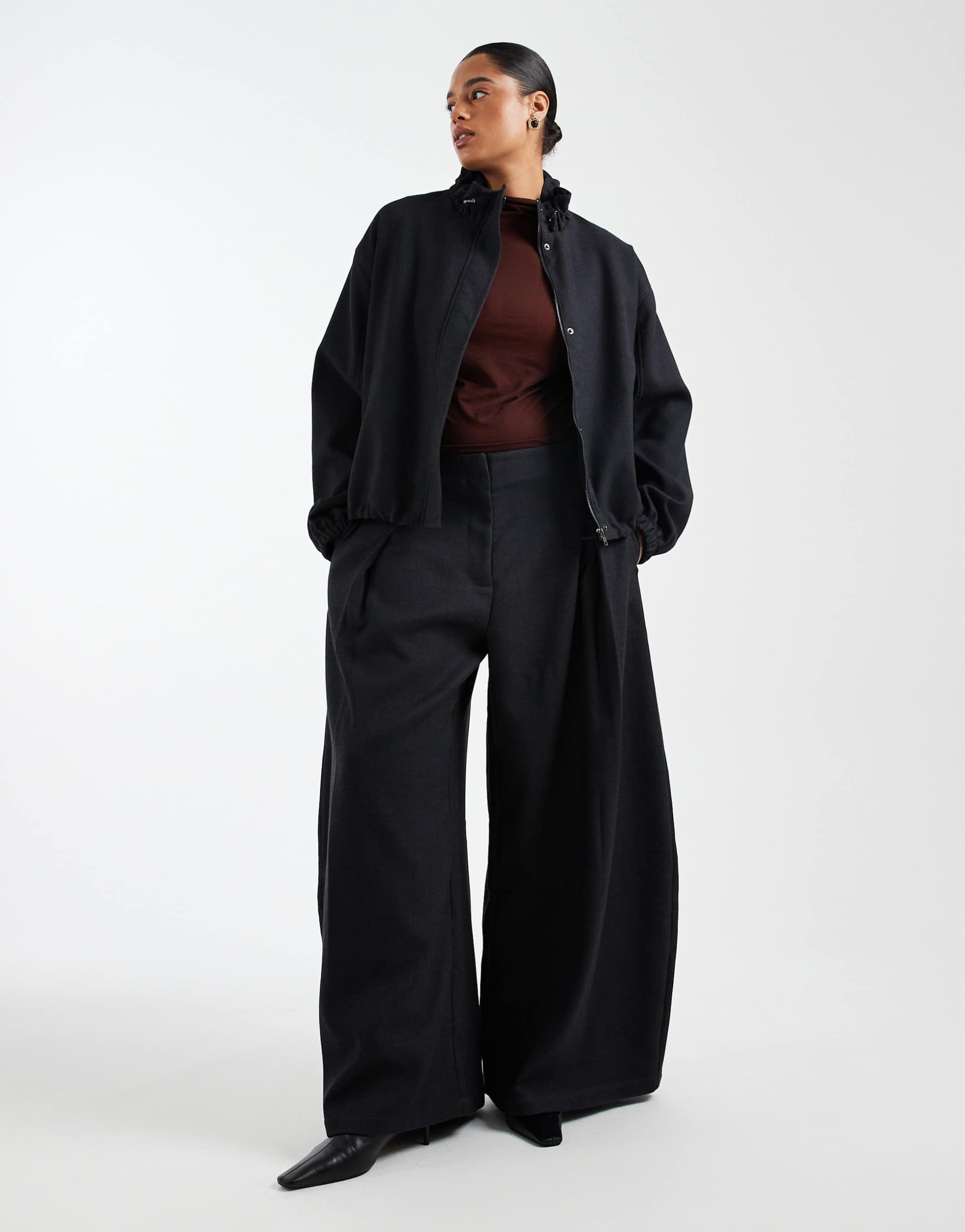 asos design curve tailored super wide leg pants in charcoal