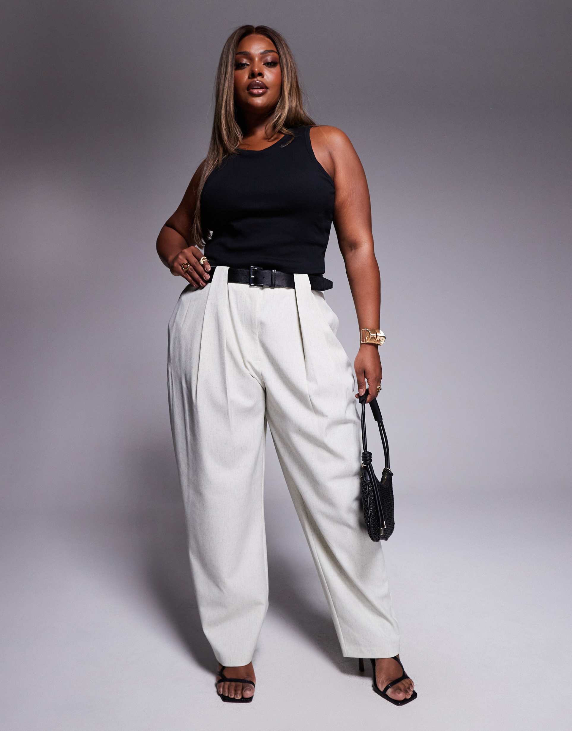 asos design curve tailored textured barrel leg pants with belt in cream