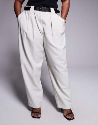 Asos Design Curve Tailored Textured Barrel Leg Pants With Belt In White