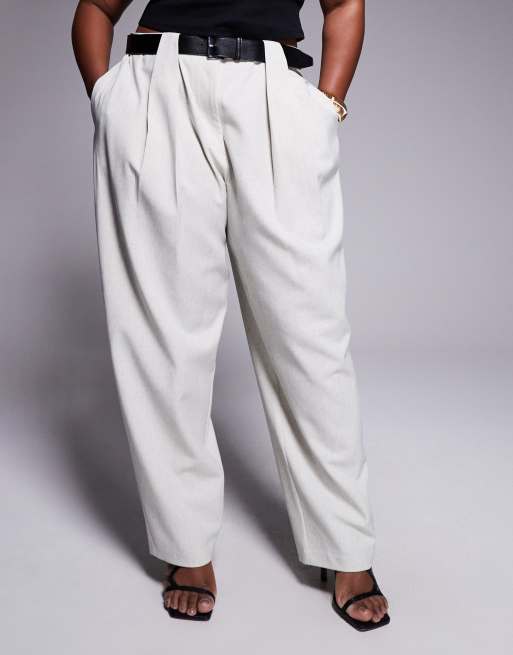 ASOS DESIGN Curve tailored textured barrel leg pants with belt in cream