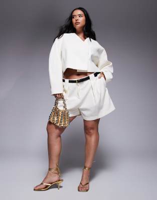 ASOS DESIGN Curve tailored textured shorts with belt & cropped blazer co-ord in cream - view 1