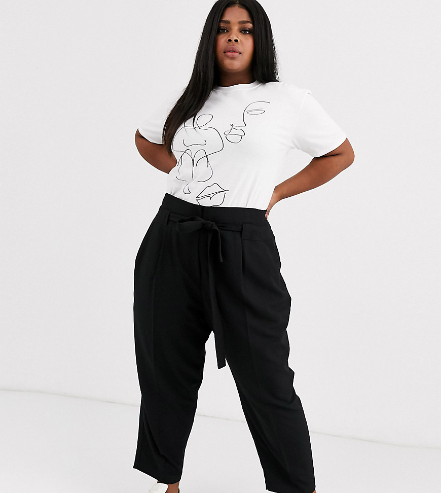 ASOS DESIGN Curve tailored tie waist tapered ankle grazer trousers-Black