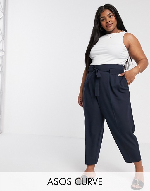 ASOS DESIGN Curve tailored tie waist tapered ankle grazer trousers