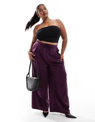 ASOS DESIGN Curve tailored tie waist wide leg pants with pleat detail in brushed plum-Purple