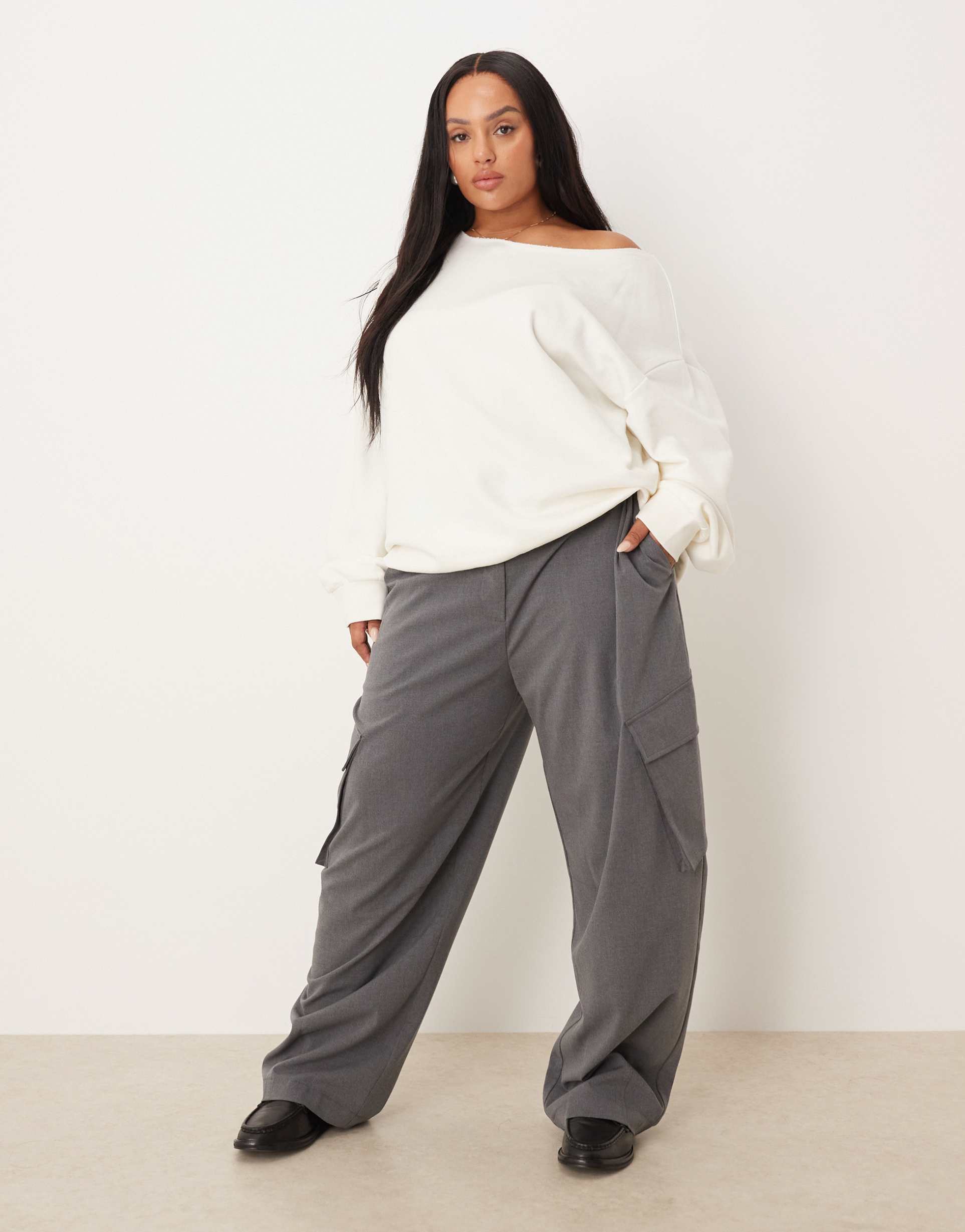 asos design curve tailored utility barrel leg pants in charcoal
