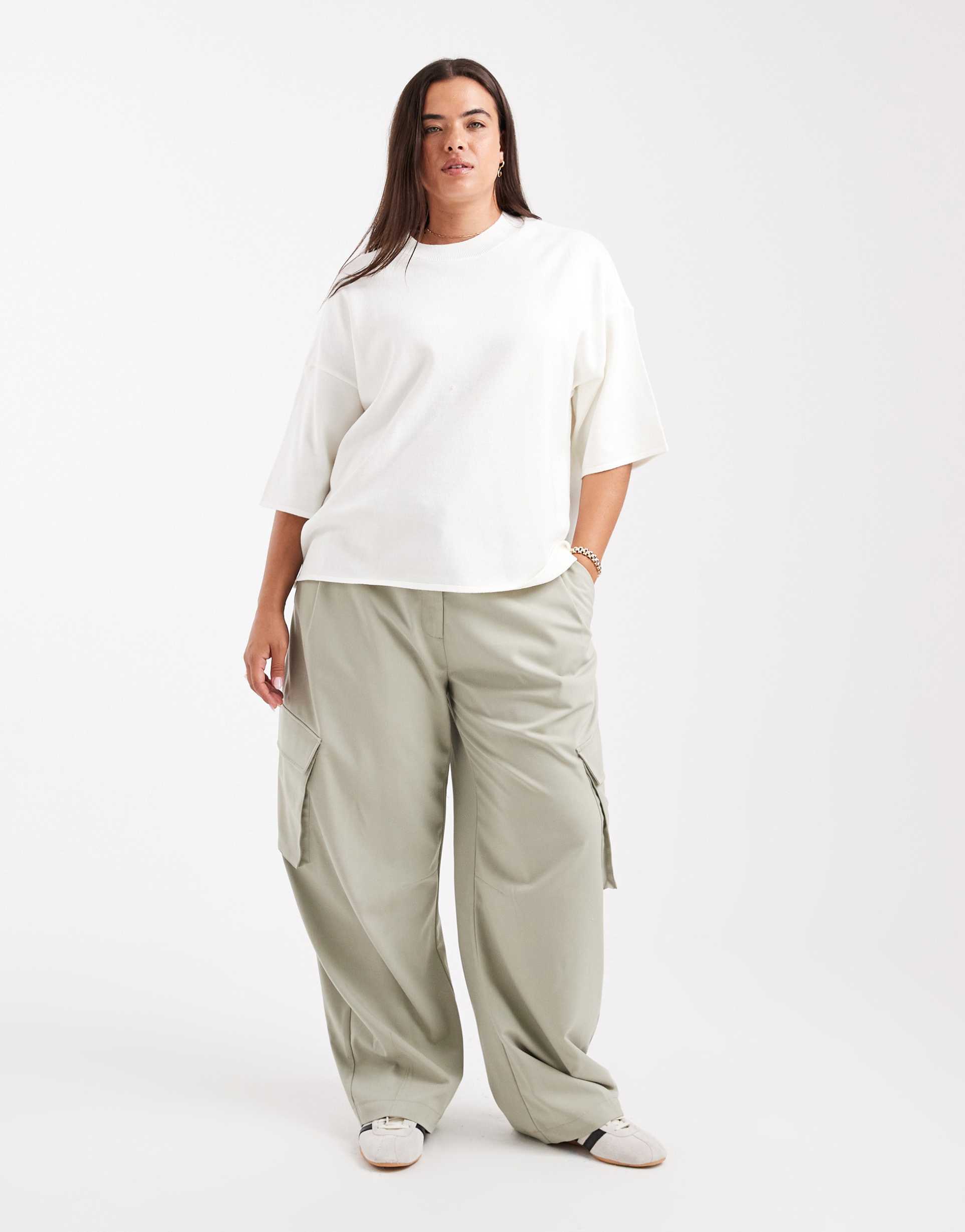 asos design curve tailored utility barrel leg pants in sage