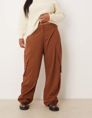 Asos Design Curve Tailored Utility Barrel Leg Pants In Brown