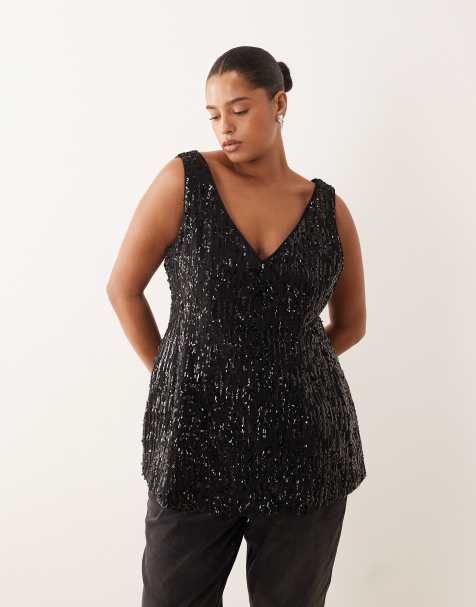 ASOS DESIGN Curve tailored v-neck sequined cinched waist peplum top in black - view 1