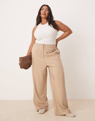 Asos Design Curve Tailored Wide Leg Dad Pants In Taupe Stripe-multi