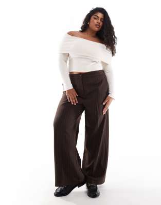 ASOS DESIGN Curve tailored wide leg dad trousers in brown stripe