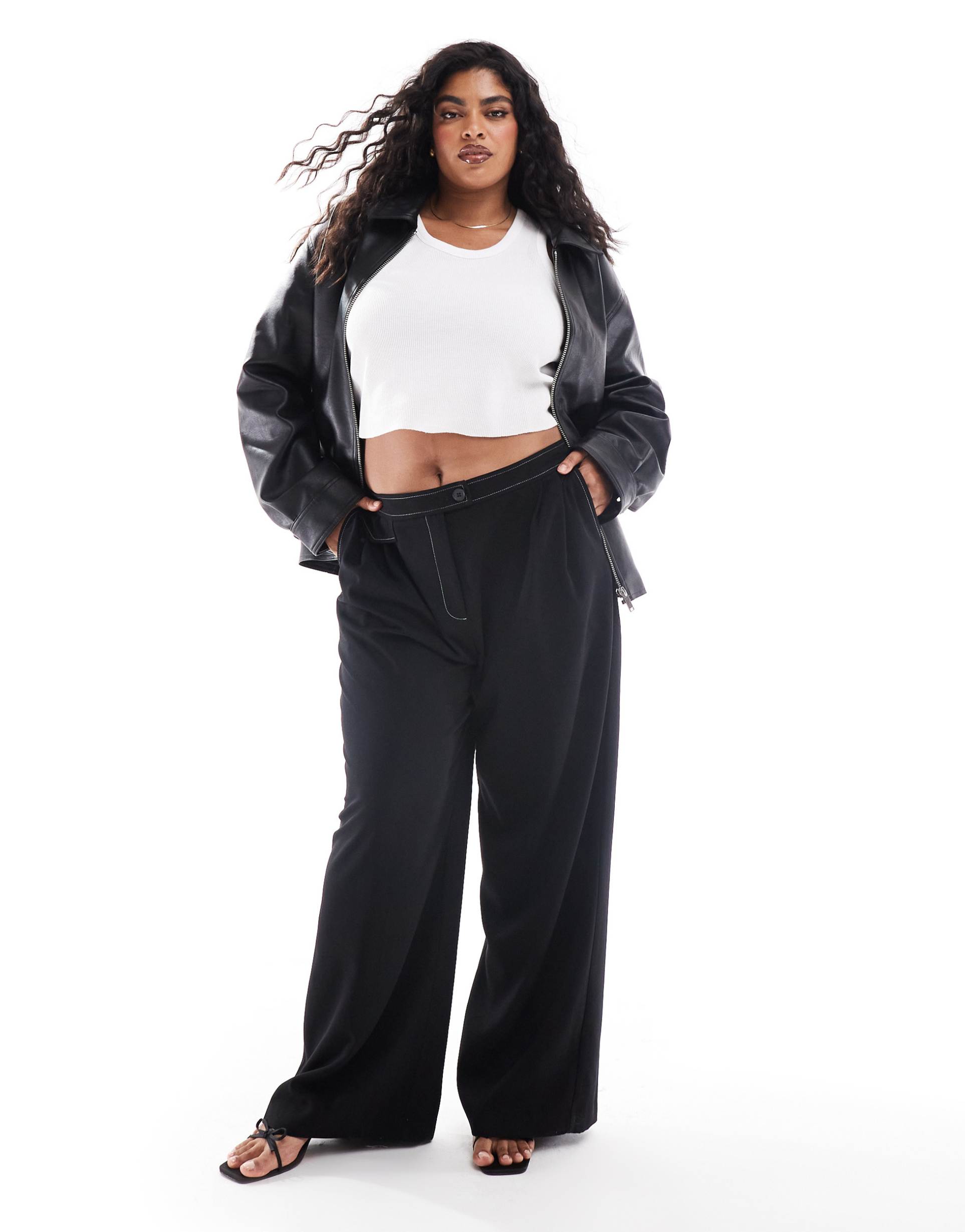 asos design curve tailored wide leg pants with contrast stitch detail in black