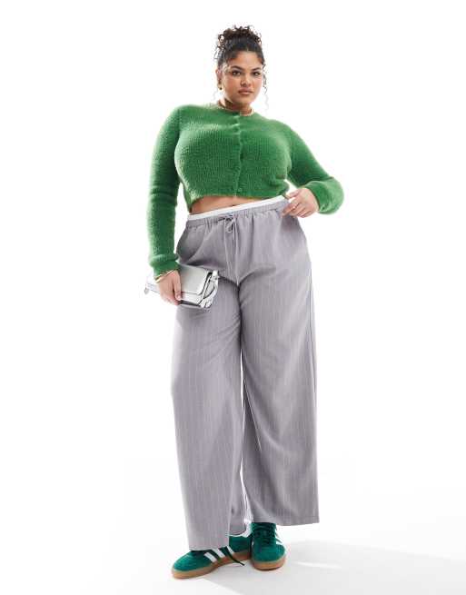ASOS DESIGN Curve tailored wide leg pants with contrast waistband in gray stripe