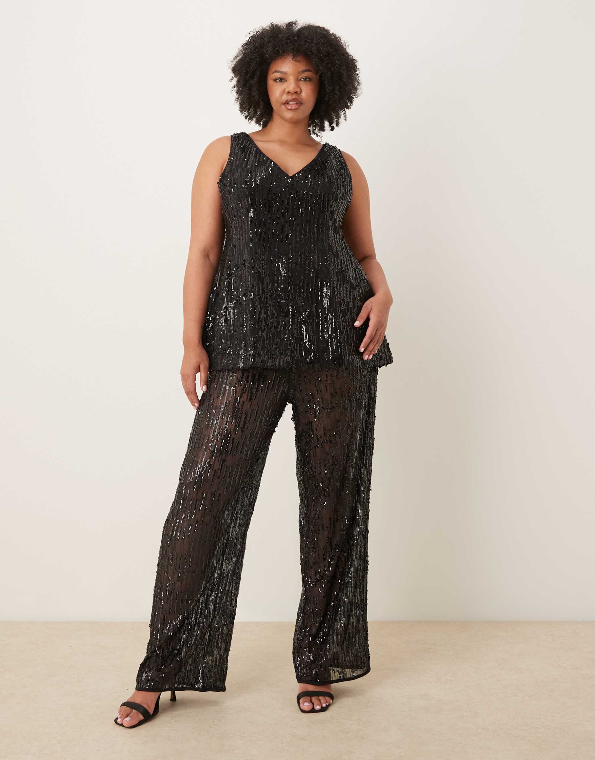 asos design curve tailored wide leg sheer sequin pants in black - part of a set
