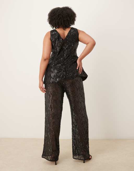 ASOS DESIGN Curve tailored wide leg sheer sequin trousers in black, 4 of 5