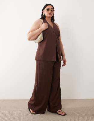 Asos Design Curve Tailored Wide Leg Smooth Waist Floaty Pants In Brown